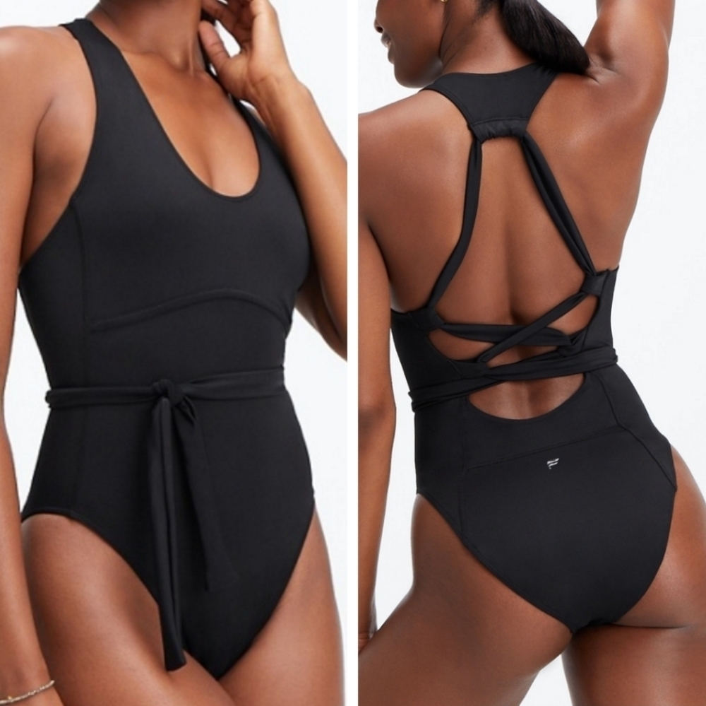 Fabletics Black Lace-Up Racerback One Piece Swimsuit XS